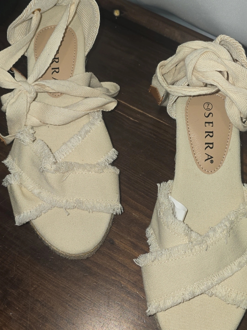SERRA Cream Canvas Espadrille Frayed Lace-Up Sandals